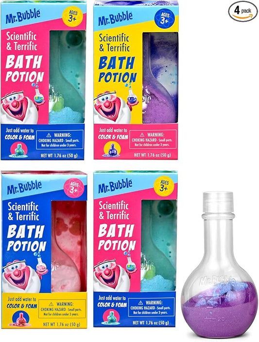Mr. Bubble Kids Original Bath Bomb Potions - Colorful Fizzy Fun - Cool Foam and Bubble Science Beaker Bath Toys (Pack of 4)
