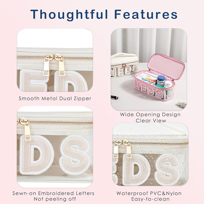 Clear Waterproof MEDS RX Makeup Bag，Transparent PVC Letter Patch medication travel case with Handle and Zipper, Portable Meds First Aid Travel Organizer Cosmetic Bag(02 Beige MEDS)