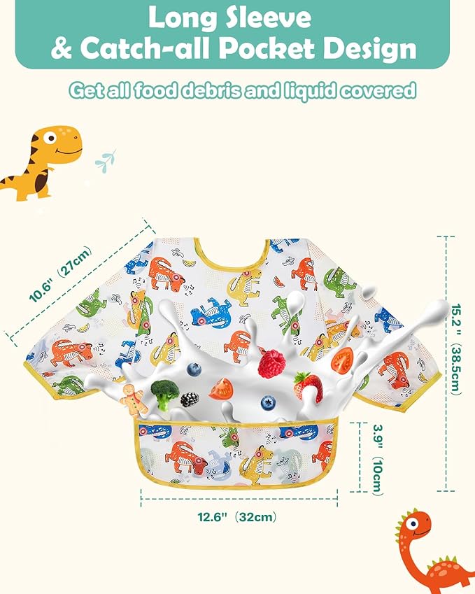 Lictin 3 Packs Baby Bibs for Boy or Girl, Cute Long Sleeve Bib, Waterproof Bibs for Toddlers,Adjustable Closure Baby Smock, Mess Proof Baby Bib, 6-24 Months Reusable Infant Baby Bibs