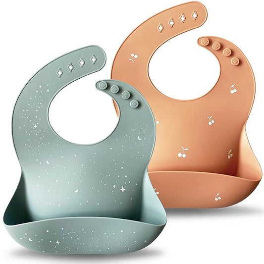 Moonkie Silicone Baby Bibs Set Of 2 | BPA Free Waterproof | Soft Flexible Adjustable Silicone Bibs for Babies & Toddlers(Ether/Muted)