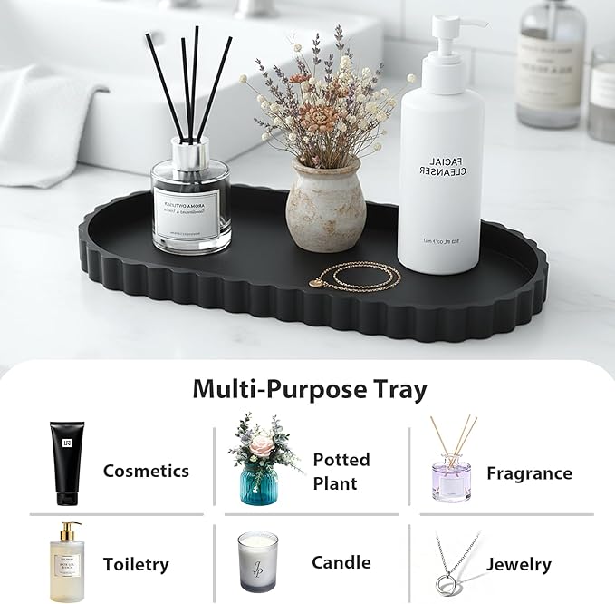 Silicone Bathroom Tray-12 Inch Oval Vanity Tray Countertop Organizer,Decorative Soap & Cosmetic Holder Modern Bathroom Decor,Decorative Tray for Candle, Perfume, Plants (Black, 2PCS)
