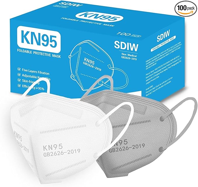 100PCS KN95 Face Masks 5 Layer Filter Efficiency≥95% with Elastic Ear Loop Breathable Mask(White,Grey)