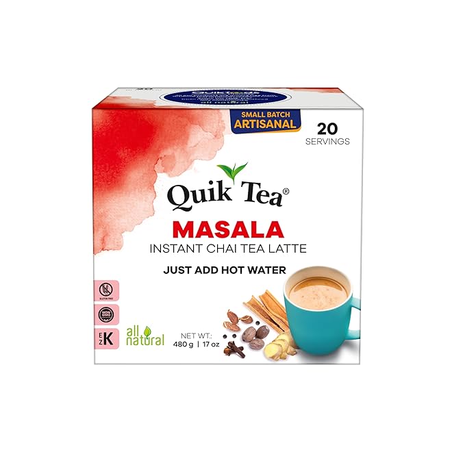 QuikTea Masala Chai Tea Latte – 20 Count, Bold Masala Flavor, Naturally Caffeine-Light, No Preservatives – Just Add Hot Water