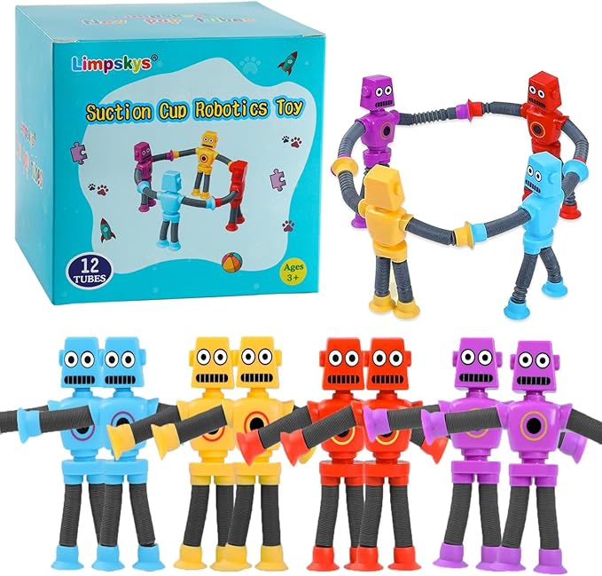 Limpskys Suction Cup Robot Toy for Kids 3-5 5-7, Autism Sensory Products,Toys for Ages 5-7,Sensory Toys for Kids with Autism (12 Pack Robot)