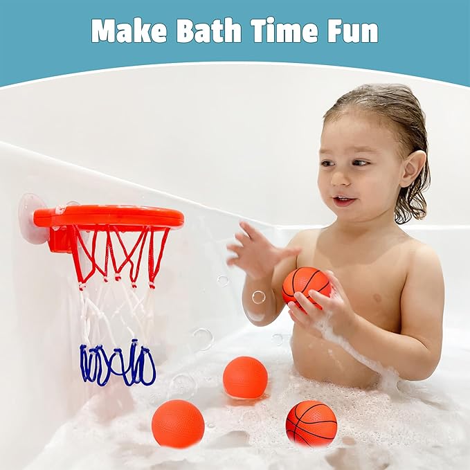 Bath Toys – Bathtub Basketball Hoop for Toddlers and Kids, Mold-Free Shower Toy with 4 No-Hole Balls, Fun Bathtub Toys for Boys and Girls