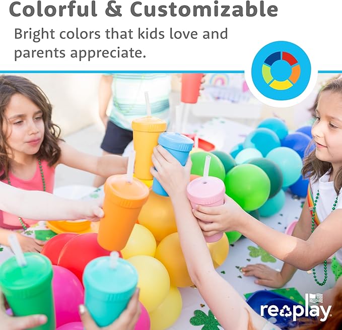 Re-Play 10 oz. Straw Cups for Kids with Silicone Locking Straws - Dishwasher & Microwave Safe - Made in USA - Set of 4-7.37" x 7.37" x 1.25" - Desert Roses