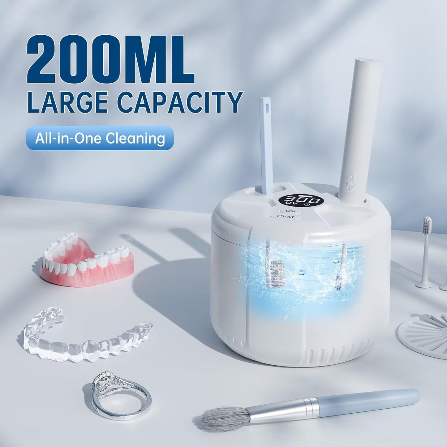 Ultrasonic Retainer Cleaner Machine, 45kHz Dental Cleaning Pod for Dentures, Aligners, Mouth Guards, Night Guards, Jewelry, Toothbrush, 5/10/15-Minute Timer, 200ML