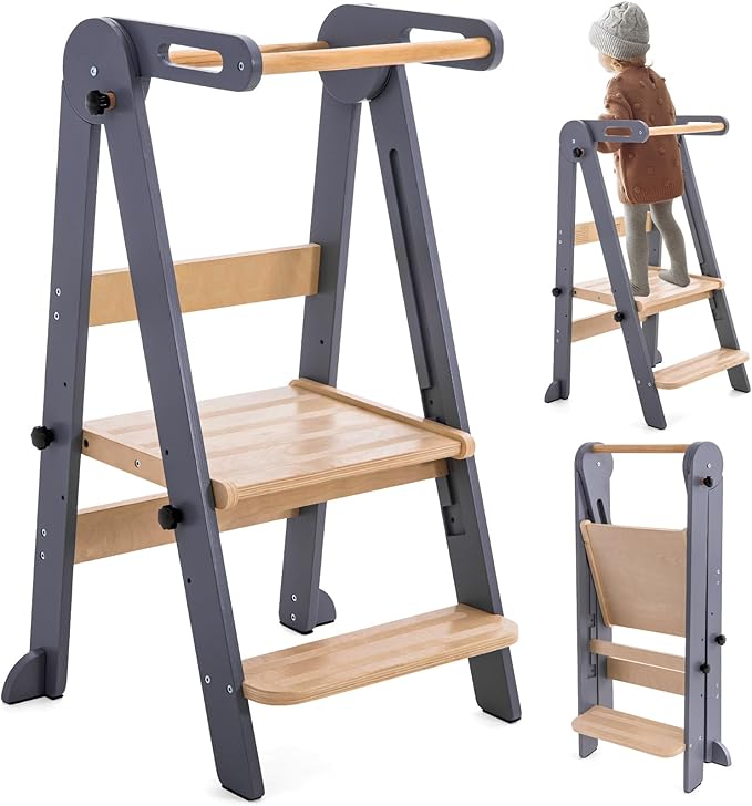 Foldable Toddler Kitchen Stool Helper - Adjustable Height Folding Toddler Standing Tower, Kids Helper Stool with Safty Rail for Kitchen Counter Bathroom (Grey)