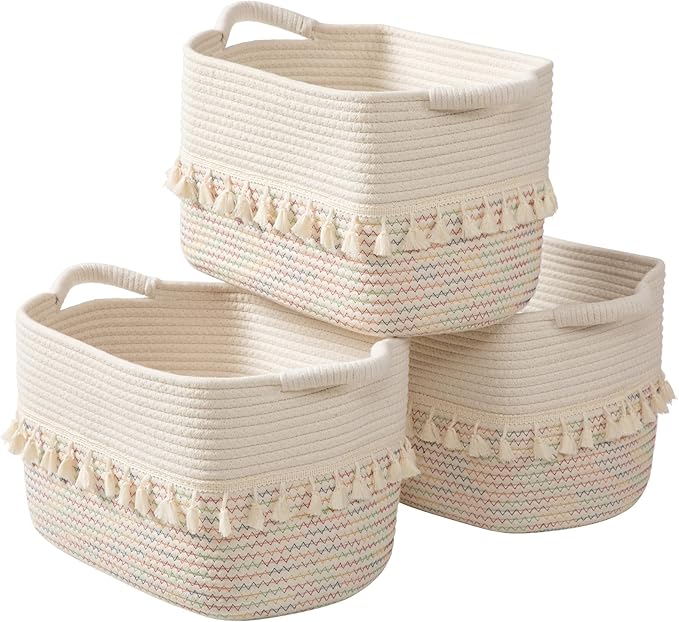 TeoKJ Woven Baskets for Storage, Set of 3 Cotton Rope Basket with Handle for Decor and Storage, Cute Baskets for Organizing in Classroom, Kitchen, Bathroom, White & Stitches Rainbow