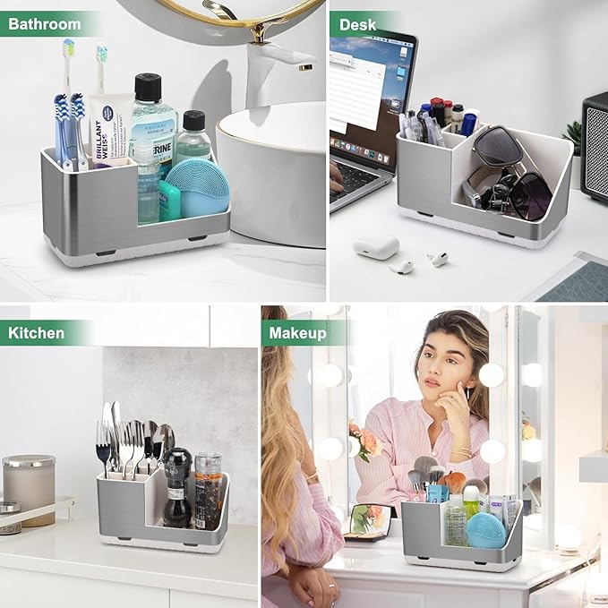 Toothbrush Holders for Bathroom Countertop Organizer, Brushed Nickel Tooth Brush Holder, Kids Electric Toothbrush and Toothpaste Holder with Drainage (Brushed Silver)