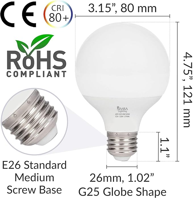 Simba Lighting LED Vanity Globe G25 (G80) Light Bulb for Bathroom, Makeup Mirror | Decorative White Frosted Cover, 8W, 60W Equivalent, 120V, Standard E26 Medium Base, Warm White 2700K, Pack of 3