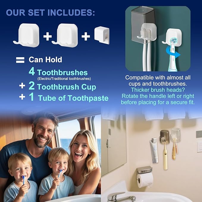 Cruise Toothbrush Holder Magnetic for Cruise Ship Bathroom – Holds 4 Toothbrushes, Toothpaste & 2 Toothbrush Cups – Compact Cruise Essentials 2025 for Small Cabins – Lightweight Travel Accessories