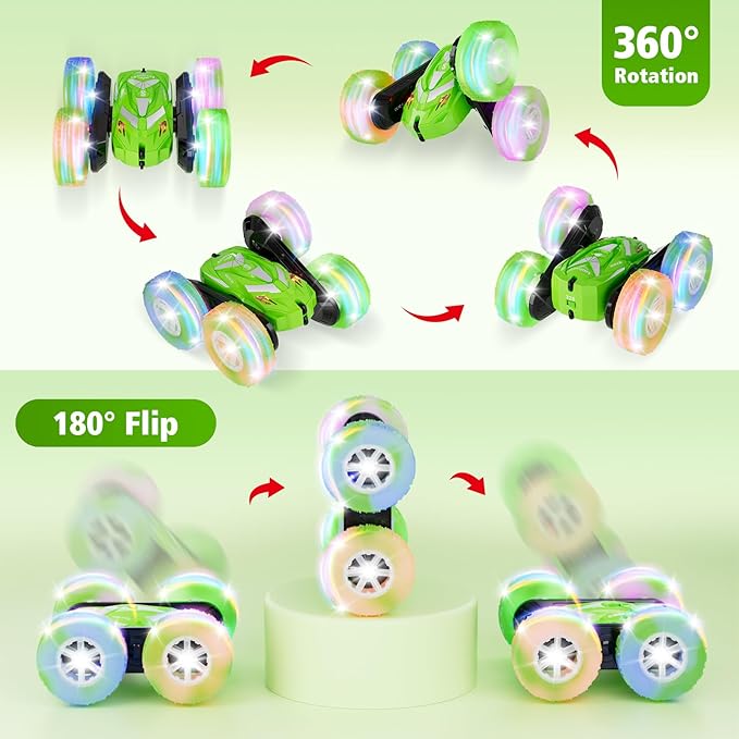 Remote Control Car for Boy 6-12 with Flashing Light, 6 7 8 9 Years Old Boy Toys, Race RC Cars Stunt Drift 4WD 2.4Ghz Double Sided 360° Flip, Boys Gift Idea for Kids Birthday Christmas, Green