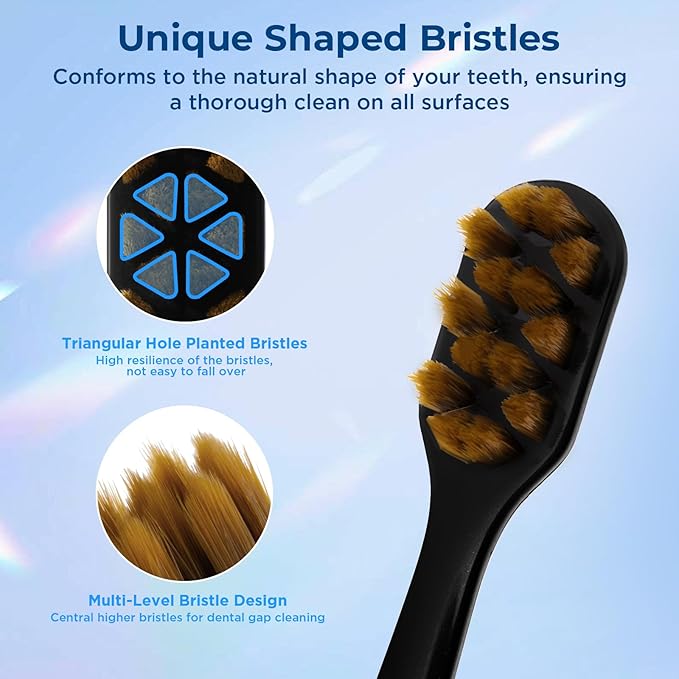 Soft Bristle Toothbrush, Micro Nano Flossing Toothbrushes with Multi-Layered Shaped Bristles for Whiten Teeth and Removes Plaque, Designed for Sensitive Teeth & Gums-Black Head