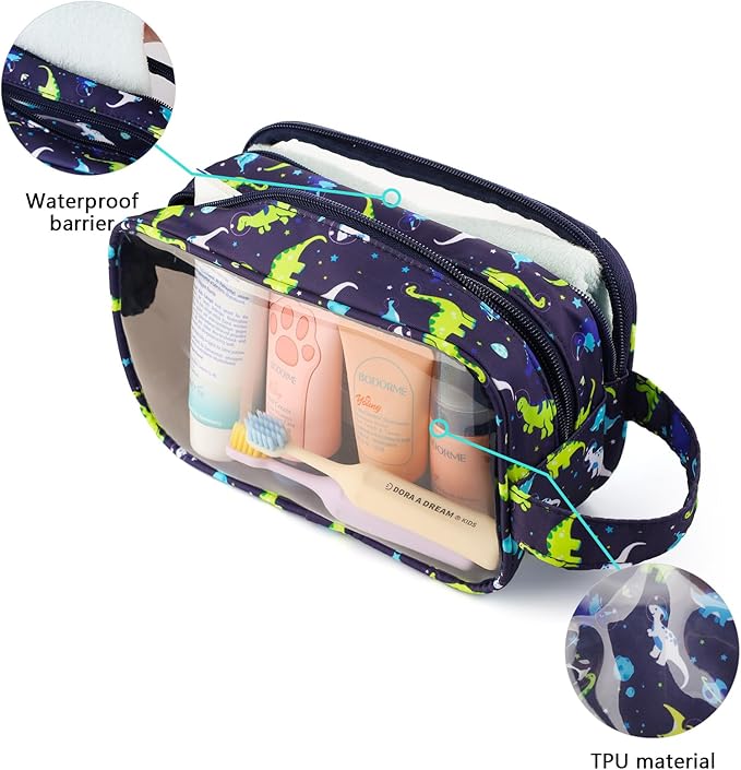 Dinosaur Kids Toiletry Bag for Boys, Travel Clear Toiletry Bag for Little Young Boys Waterproof Hanging Wash Bag Toddler Traveling Toiletries, Navy