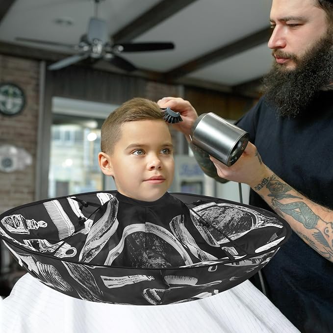 FEBSNOW Hair Cutting Cloak Cape, Black Prints Adjustable Haircut Cape Foldable Umbrella for Adults Kids Home Salon Barber Supplies