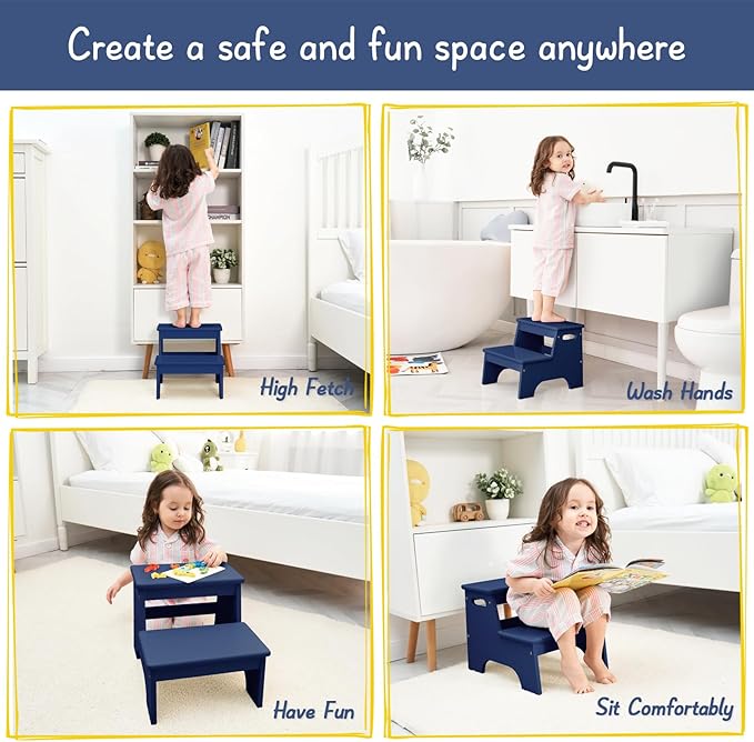Forbena Navy Blue Step Stool for Toddlers Bathroom Sink, Baby Boys Toilet Toddler 2 Step Stool for Potty Training, Kids Children Double Up Stepping Stool for Kitchen Counter Closet Bedroom Bed (Blue)