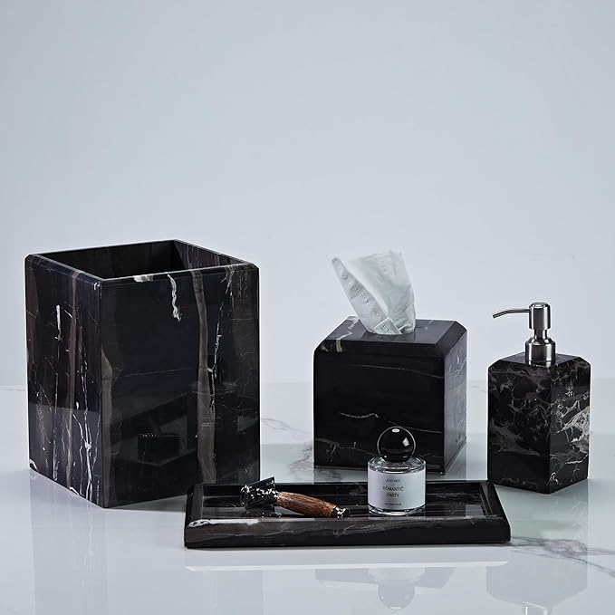 Black Marble Tissue Box Cover for Bathroom, Natural Waterproof Facial Tissue Box, Elegant Square Luxury Heavy Duty Napkin Holder, Toilet Paper Holder for Home Decor, Nightstand, Living Room, Toilet