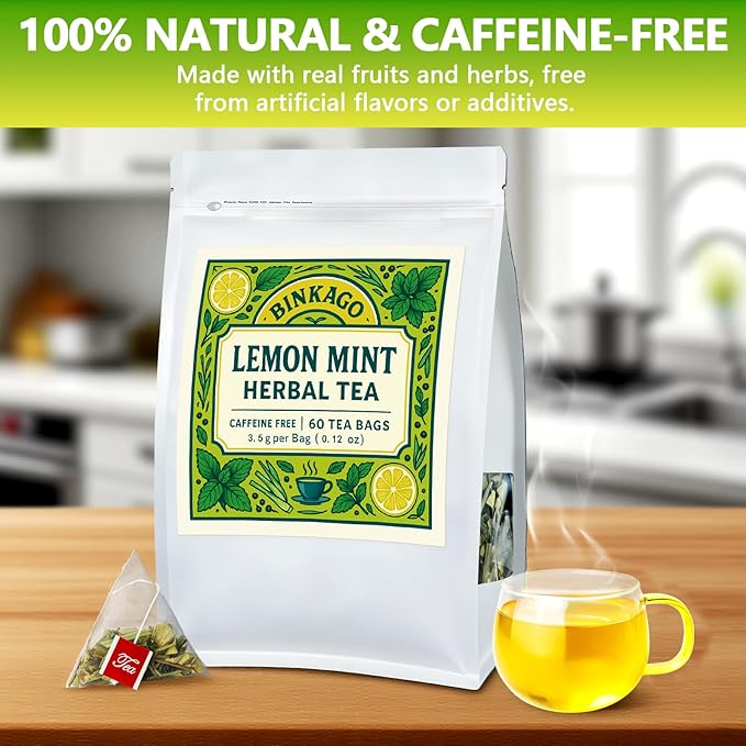 Lemon Peppermint Tea Bags – 60 Count |100% Natural Lemon & Mint Leaves | Naturally Refreshing & Uplifting | Caffeine-Free | Smooth & Cooling Flavor | Individually Wrapped for Daily Enjoyment