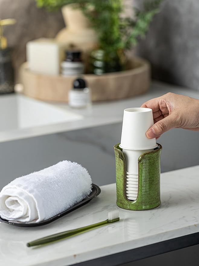 Ceramic Bathroom Cup Dispenser, 3 Oz Bathroom Cup Holder for Dixie Cups, Mouthwash Cup Dispenser for Bathroom Countertop, Green