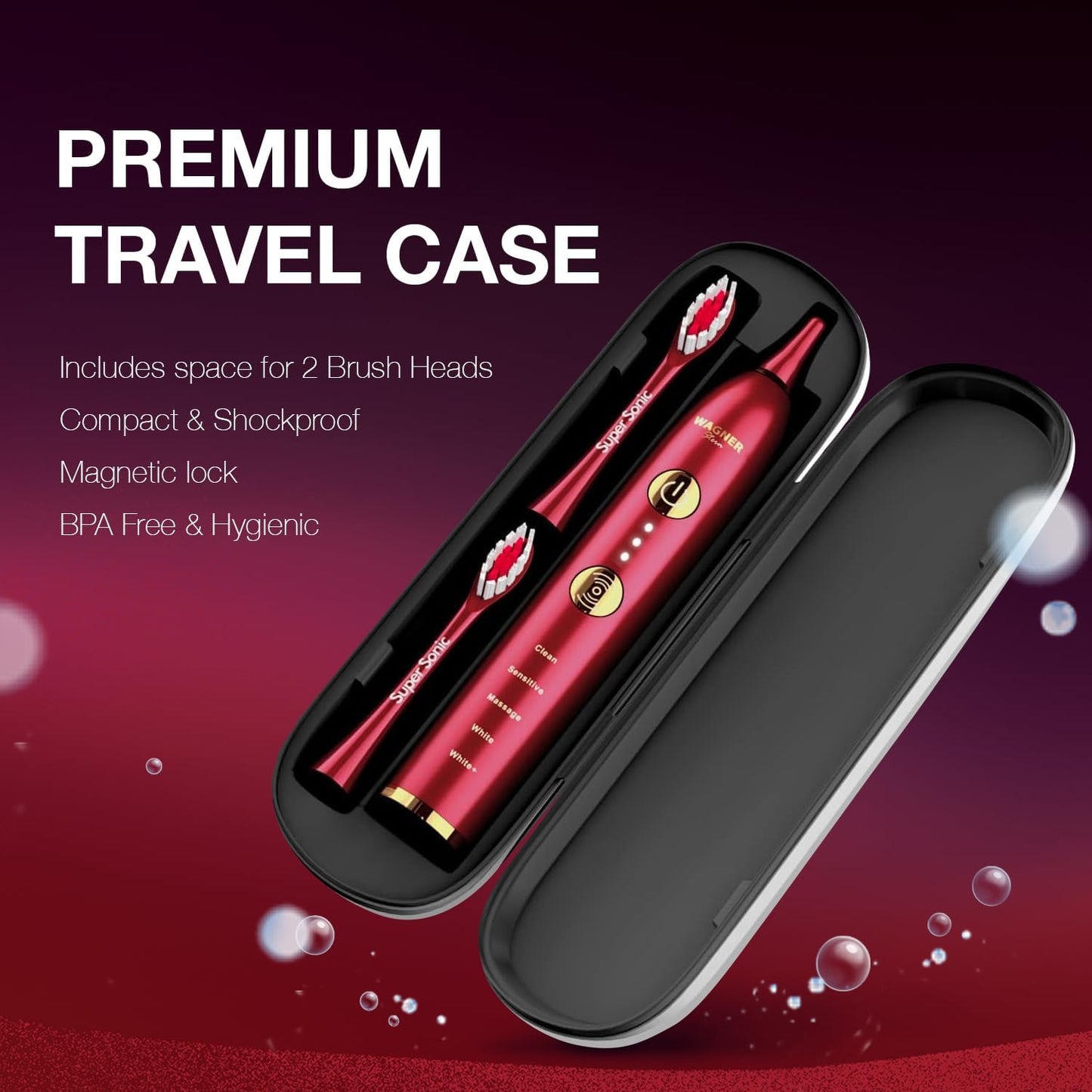 Wagner Stern WHITEN+ Edition. Whitening Electric Toothbrush with Pressure Sensor. Offers 5 Brushing Modes, 3 intensities, 8 Soft Brush Heads, and a Luxury Travel case.