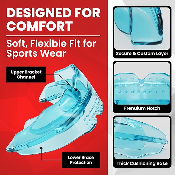 SafeGrin Blue Mouth Guard for Braces for Sports - Premium Silicone Teens & Youth Upper & Lower Teeth Protection for Sports - Football, Lacrosse, Hockey, Baseball