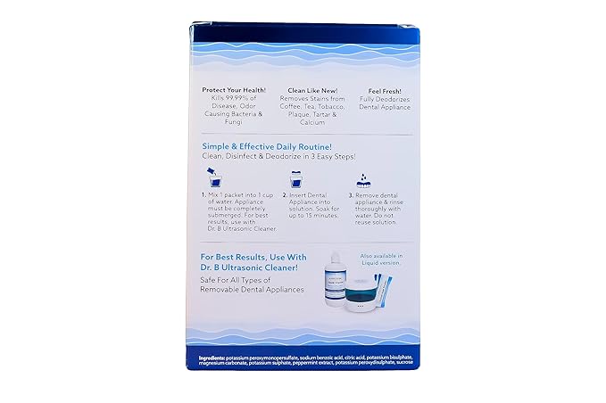 Dr. B Dental Solutions Powder Crystal Soak Cleanser, Ideal for Oral Appliances, Dentures, Night Guards, Retainers, Aligners, and Sleep Apnea Devices - 45 Packs Included (Single Pack)
