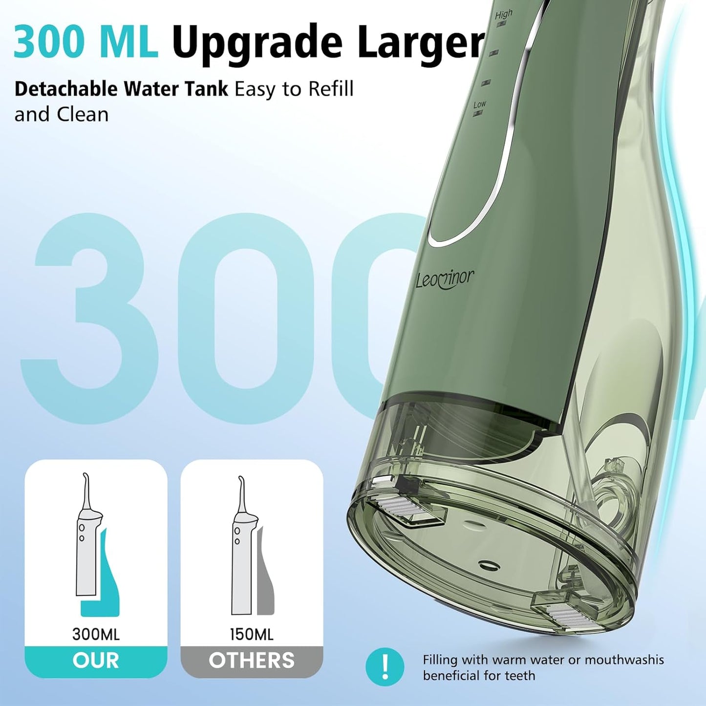 Leominor Water Dental Flosser Pick for Teeth, 300ML Portable Oral Irrigator Upgraded Tank Removable,IPX7 Waterproof, Rechargeable Travel Teeth Cleaner, Professional Electric Flossing Machine(O-Green)