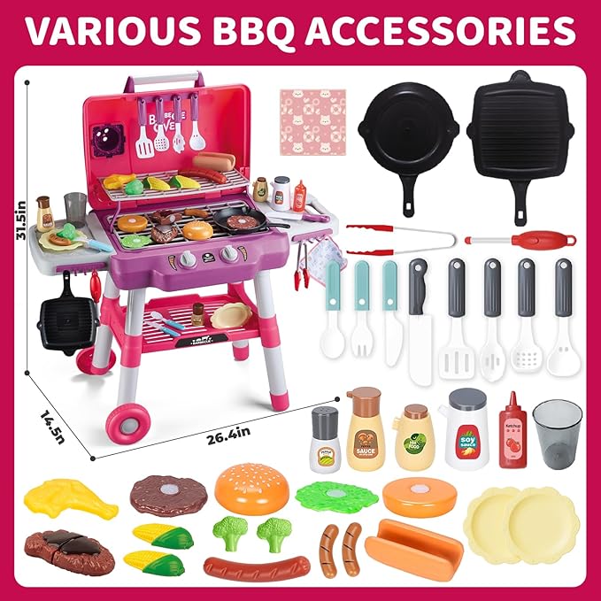 Kids Kitchen Toy Set, Kids BBQ Grill Playset with Smoke Sound Light, 2-Layer Barbecue Toy with Wheel, Simulation Cooking Interactive Toys, Kid Kitchen Playset, Christmas Birthday Gift for Boys Girls
