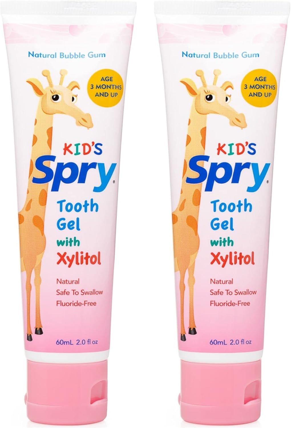 Spry Natural Xylitol Toothpaste for Baby, Toddler and Kids Age 3 Months and Up - Fluoride Free Tooth Gel, Tasty, Support Development of Emerging Teeth, Bubble Gum 2 Fl Oz (Pack of 2)