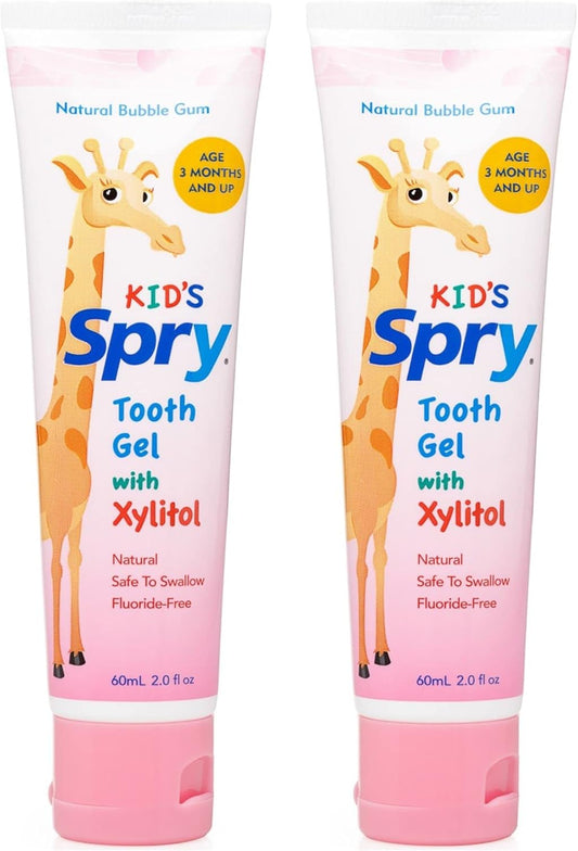 Spry Natural Xylitol Toothpaste for Baby, Toddler and Kids Age 3 Months and Up - Fluoride Free Tooth Gel, Tasty, Support Development of Emerging Teeth, Bubble Gum 2 Fl Oz (Pack of 2)
