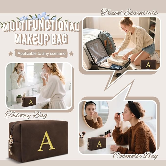 Personalized Initial Makeup Bag,Preppy Suede Cosmetic Bag for Teen Girls,Small Monogram Travel Toiletry Bag With Gold Embroidered Letter,Trendy Stuff Custom Christmas Gift for Women(Coffee-A)