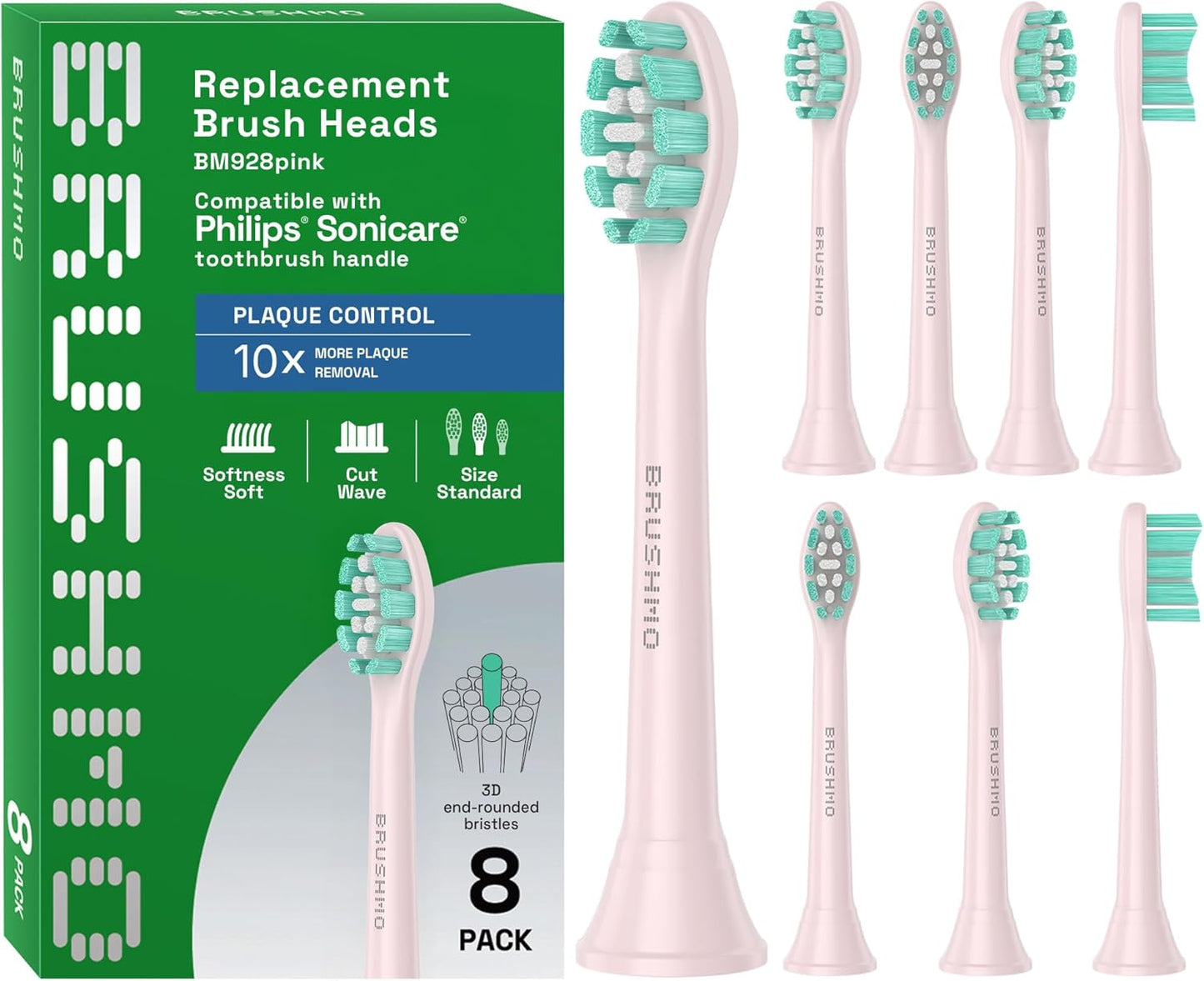 Brushmo Plaque Control Replacement Toothbrush Heads, Compatible with Philips Sonicare Click-on Electric Toothbrush Handles, 8 Standard Replacement Heads, Soft Dupont Bristles, BM928pk, Pink