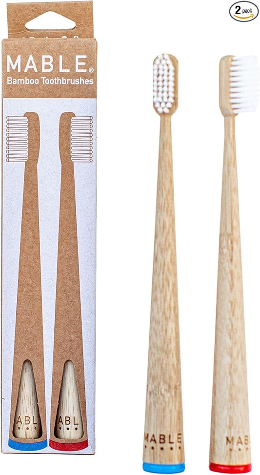 MABLE Bamboo Toothbrush for Adults – Soft Bristle, Compostable Wooden Toothbrushes, Available in 2 Pack and 4 Pack (Soft Bristles (Pack of 2)