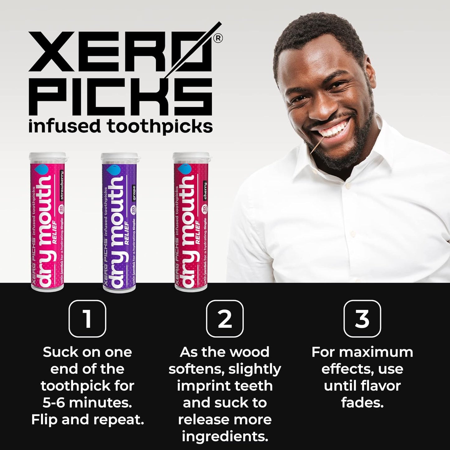 Xero Picks Dry Mouth - Flavor Infused Toothpicks for Long-Lasting Fresh Breath and Dry Mouth Prevention - 60 Picks - 3 Pack - Fruit Variety - Strawberry, Cherry, Grape