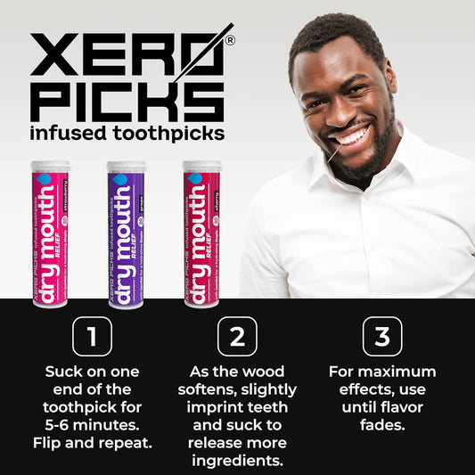 Xero Picks Dry Mouth - Flavor Infused Toothpicks for Long-Lasting Fresh Breath and Dry Mouth Prevention - 60 Picks - 3 Pack - Fruit Variety - Strawberry, Cherry, Grape