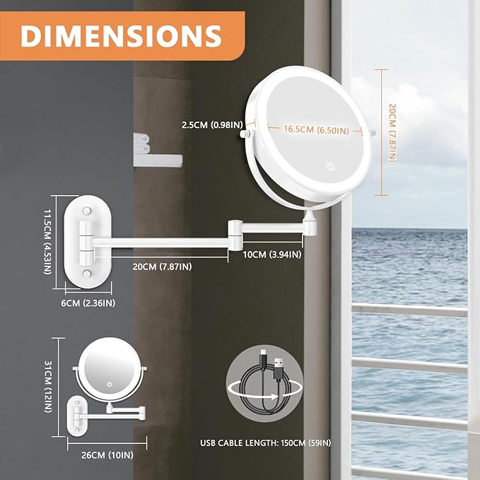 1X/30X Wall Mounted Makeup Mirror with Light, 8" Rechargeable Double-Sided Magnifying Mirror, Vanity Mirror Dimmable 3 Color Light, 360° Extension Rotation Foldable 14.5 Inch Arm, White