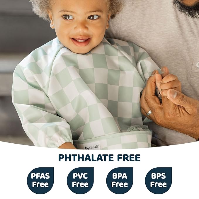 Tiny Twinkle Long Sleeve Bib for Babies & Toddlers – Waterproof Smock Bib for Eating – Machine Washable & Mess-Proof, Baby Feeding Essential & Shower Must-Have(Checkers Sage, 2-4Y)