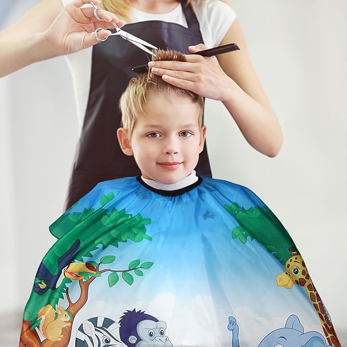 Kids Barber Cape with Neck Duster Brush, Professional Salon Hair Cutting Cape with Adjustable Snap Closure(wild animal)