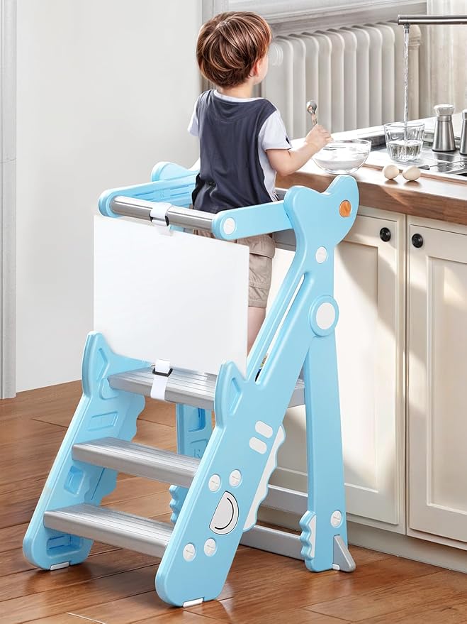 VBABY Foldable Toddler Tower, Plastic Kitchen Stool Helper for Kids, Adjustable Height Standing Tower, Certified Toddler Step Stool, Blue