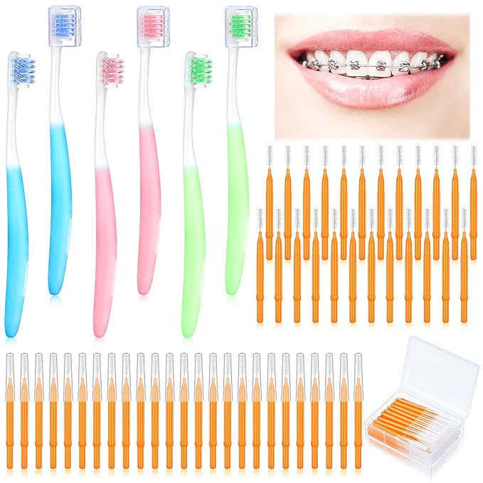 6 Pieces V Shaped Orthodontic Toothbrush for Brace with Brush Head 40 Pieces Interdental Brush Soft Bristle Braces Brushes for Cleaning Portable Toothbrushes for Braces(Medium,Orange)