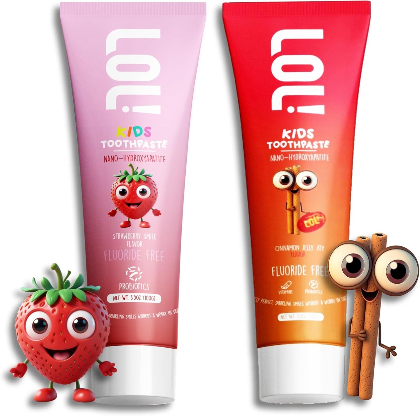 LOL Kids Toothpaste | Fluoride Free 2-Flavors Pack | Nano Hydroxyapatite Toothpaste, Probiotics, Vitamins A, C, E | Safe if Swallowed, No SLS | 1 Strawberry, 1 Cinnamon