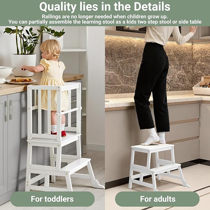 COSYLAND Kids Kitchen Step Stool Helper with Gloves Removable Anti-Drop Railing Safety Rail, Non-Slip Mat Standing Tower Stepping Stool for Toddlers Bathroom Sink Counter Learning 1.5-3 Years White