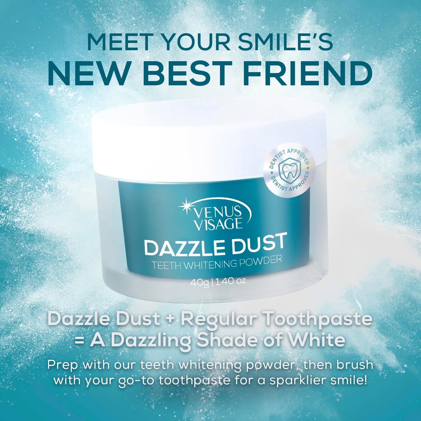 Venus Visage Dazzle Dust Teeth Whitening Powder - Enamel-Safe Toothpaste Powder for Stain Removal (40 g/140 oz)