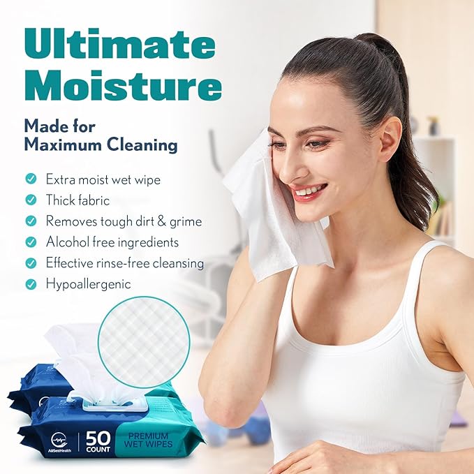 Body Wipes for Adults Bathing No Rinse - Adult Wipes for Elderly 8" x 12" (200 count) Shower No Rinse, Incontinence Disposable Washcloths, Aloe Vera, Vitamin E + 4 individual Packs