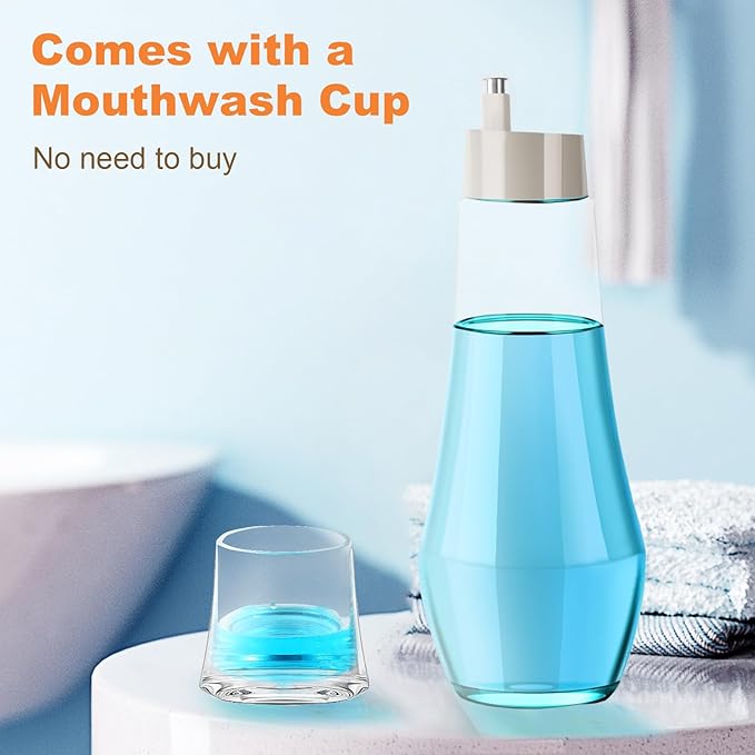 Glass Mouthwash Dispenser for Bathroom, Mouth Wash Container Bottle with Lid Cup, Small Clear Refillable Mouthwash Dispenser Decanter for Countertop (3 Pack/ 8.8OZ)