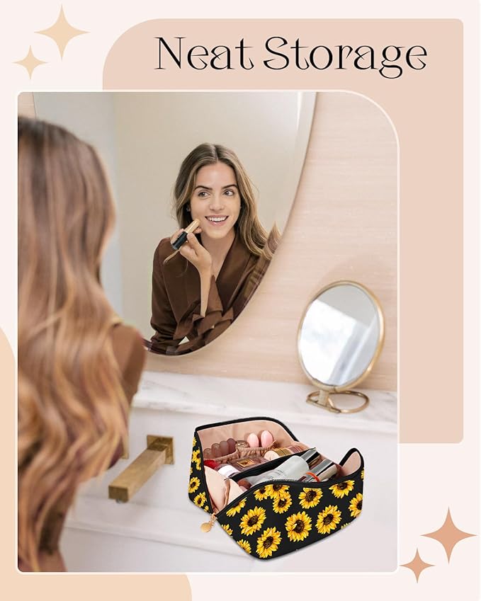 Bistup Makeup Bag Travel Cosmetic Bag Toiletry Make Up Bags Cute Women Large Capacity Big Medium Leather Sunflower Aesthetic Portable Teen Girl Teenage Foldable Expandable Compact Open Flat Zip