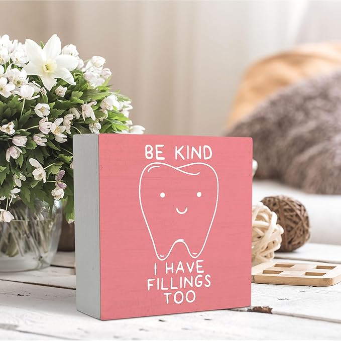 Dental Decor Wooden Signs,Pink Dental Hygienist Wooden Box Sign,Funny Dentist For Home Office Shelf Table Decor 5x5 Inches,Dental School Gift, Dentist Gifts