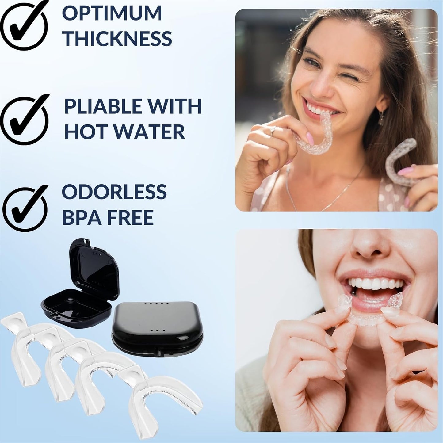 Teeth Whitening Trays Moldable 4-Pc Bleaching Trays for Teeth Whitening with 2 Slim Retainer Cases - Comfortable, Thin Design for Tooth Bleach, Compatible with Opalescence Gel Not Included