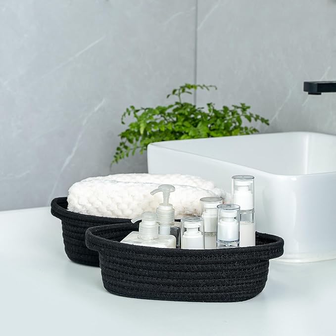 CubesLand Small Cotton Rope Storage Basket Set 5, Shelves Baskets for Organizing with Handle, Decorative Closet Storage Bins for Countertop Toilet Paper Basket for Toilet Tank Top,Black Basket